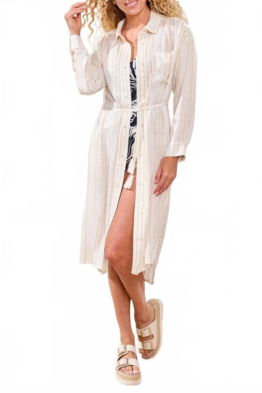 NEW TRIBAL shimmer stripe button-front cover-up midi dress in white